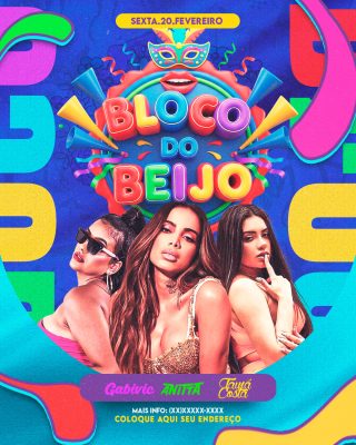 Carnaval Bloco do Beijo Sexta 20 Fevereiro Evento Festa PSD Editável