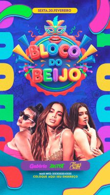 Carnaval Sexta 20 Fevereiro Bloco do Beijo Design Colorido PSD Editável
