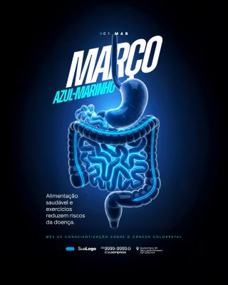 Março Azul Marinho Conscientização Câncer Colorretal Saúde Digestiva PSD Editável