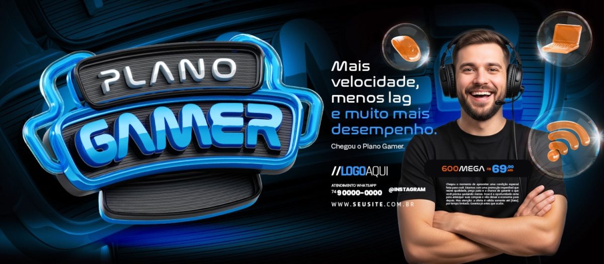 Banner Plano Gamer Mais Velocidade Desempenho PSD Editável