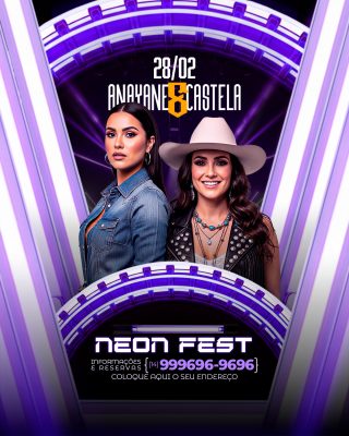 Flyer Neon Fest Anayane e Castela Convite de Evento Roxo PSD Editável