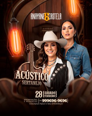 Flyer Acústico Sertanejo Anayane e Castela Convite Rústico PSD Editável