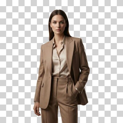 Mulher Jovem Terno Bege Elegante PNG Transparente
