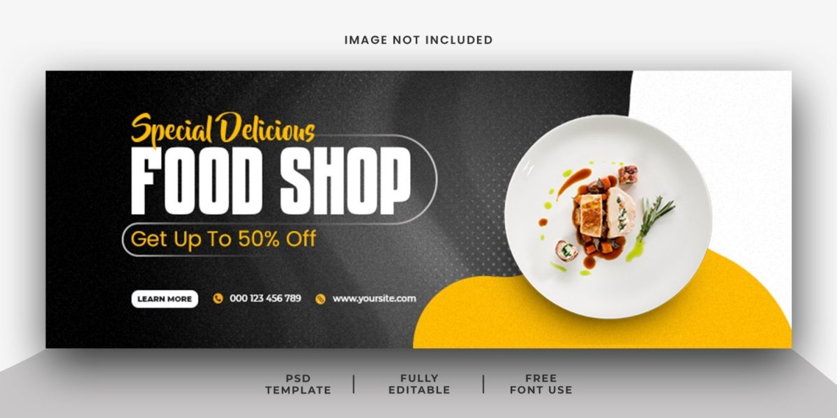 Food Shop Especial Delicioso Get Up To 50% Off Template PSD PSD Editável