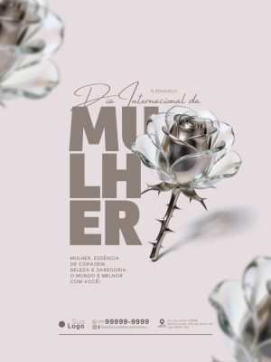 Mulher 8 de Março Dia com Rosa de Prata Arte Elegante PSD Editável