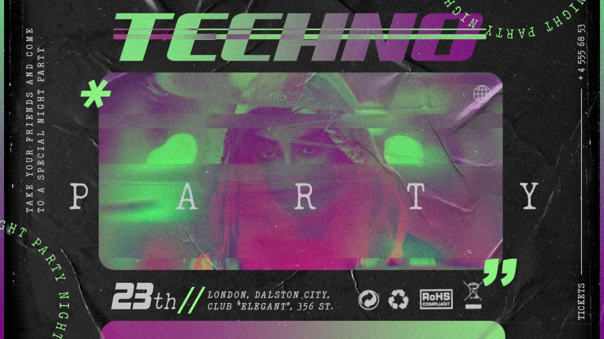 Techno Night Party London Flyer Design PSD Editável