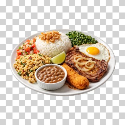 Prato Feito Bisteca Arroz Feijão e Farofa Refeição Completa PNG Transparente
