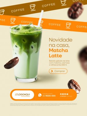 Cafeteria Matcha Latte Novidade na Casa Bebida Gelada com Leite PSD Editável