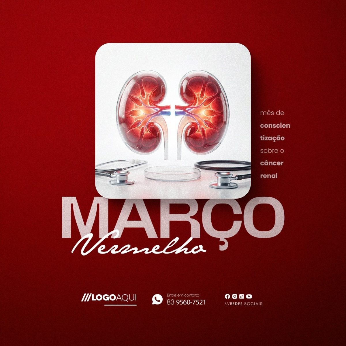 Março Vermelho Mês de Conscientização Sobre Câncer Renal PSD Editável