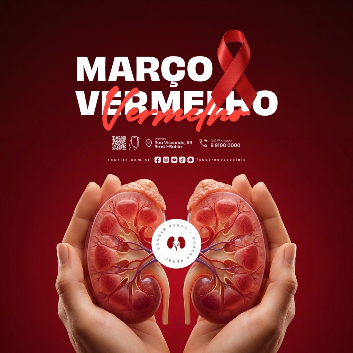 Março Vermelho Mês de Conscientização Sobre Câncer Renal PSD Editável