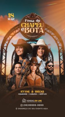 Festa do Chapéu e Bota Evento Country 18 Março Cartaz Stories PSD Editável