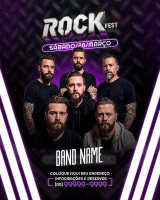 Flyer Rock Fest Sábado 28 Março Elementos Neon PSD Editável