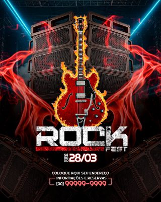 Flyer Rock Fest Sábado 28/03 com Guitarra em Chamas PSD Editável