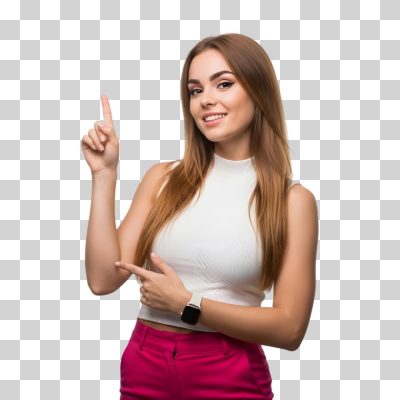 Mulher Atraente Apontando Para Cima e Para o Lado Esquerdo PNG Transparente