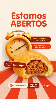 Story Pastelaria Estamos Abertos Coxinha Delivery PSD Editável