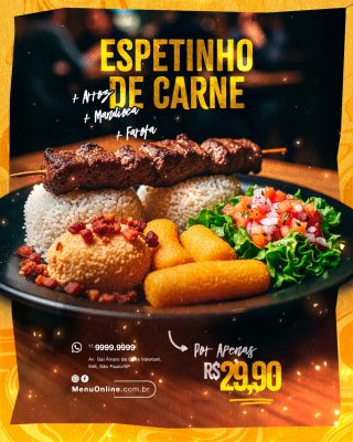 Espetinho de Carne com Arroz Mandioca e Farofa por 29,90 PSD Editável
