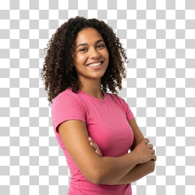 Mulher Sorridente Cabelo Cacheado Braços Cruzados PNG Transparente