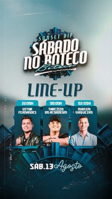 Line-up Sunset VIP Sábado no Boteco Agosto Cartaz PSD Editável