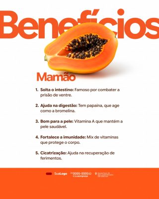 Mamão Benefícios Saúde Completa e Nutrição Informação PSD Editável