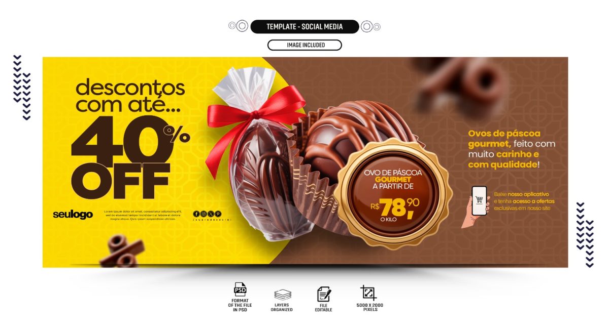 Páscoa Ovos Gourmet Descontos de até 40% OFF PSD Editável