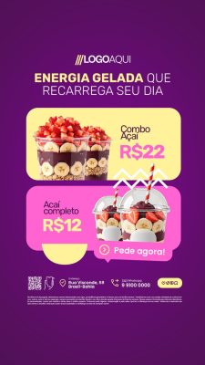 Story Açaiteria Açaí Energia Gelada que Recarrega Seu Dia PSD Editável