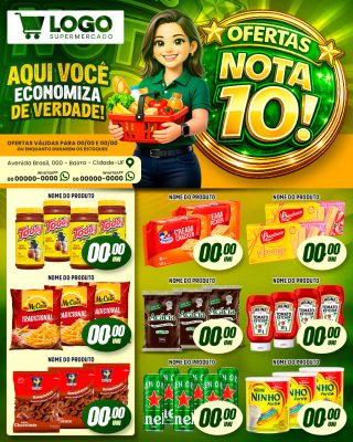 Supermercado Ofertas Nota 10 Panfleto de Promoções PSD Editável