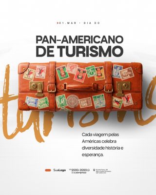 01 Mar Dia do Pan-Americano de Turismo Mala e Selos PSD Editável