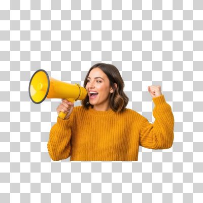 Mulher Com Megafone Amarelo Anunciando Entusiasmada PNG Transparente
