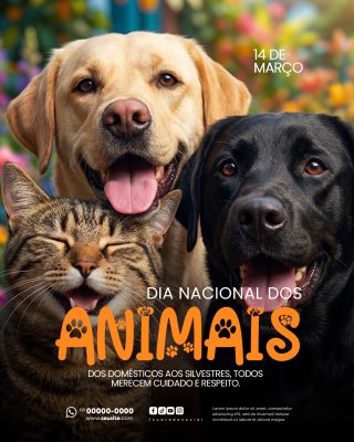 Dia Nacional dos Animais 14 de Março Cães e Gatos PSD Editável