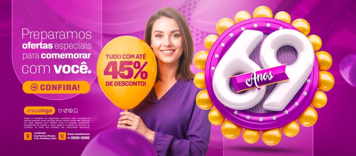 Banner 69 Anos Ofertas Especiais 45% Desconto PSD Editável