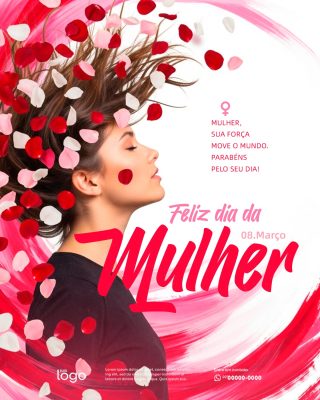 Mulher Feliz Dia Internacional da Mulher 08 de Março Mensagem Rosa PSD Editável