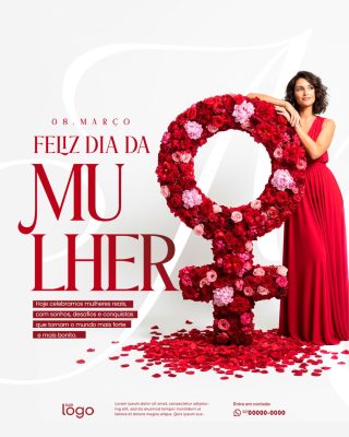08 Março Feliz Dia da Mulher Design Elegante Flores PSD Editável