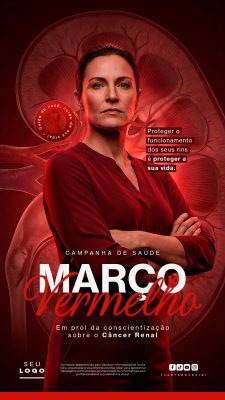 Março Vermelho Câncer Renal Conscientização Campanha de Saúde PSD Editável