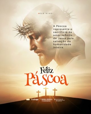 Páscoa Feliz Ele Vive Celebração da Salvação Post PSD Editável