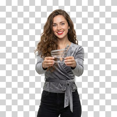Mulher Sorridente Segurando Carrinho de Compras Miniatura PNG Transparente