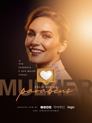 Mulher Feliz Dia da Mulher Parabéns com Mulher Sorrindo PSD Editável