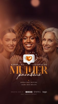 Mulher 08 de Março Dia Internacional Parabéns com Efeito Dourado PSD Editável