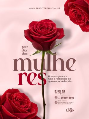 Post Feed Feliz Dia da Mulher Homenagem Rosas Elegante PSD Editável