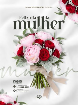 Post Feed Dia da Mulher Feliz Bouquet Flores Delicado Post PSD Editável