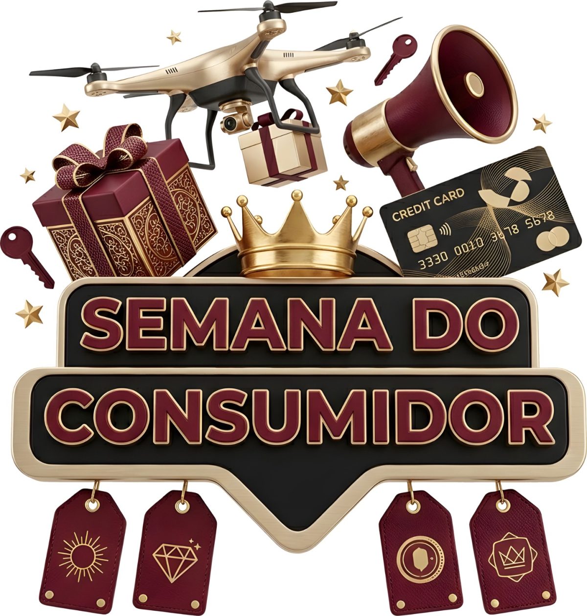 Semana do Consumidor Drone Megafone e Cartão 3D Festivo PSD Editável