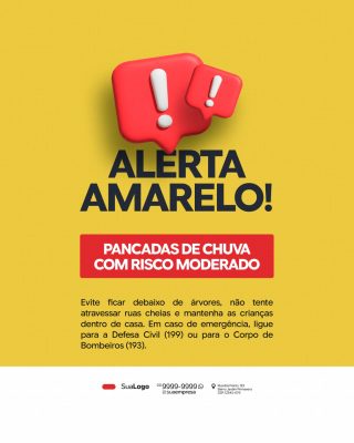 Alerta Amarelo Pancadas de Chuva Tempestade Prevenção PSD Editável
