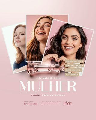 Mulher 08 Março Dia da Mulher Banner e Card Rosa Delicado PSD Editável