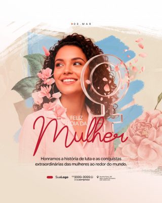 Dia da Mulher 08 Março Luta e Conquistas Banner Floral PSD Editável