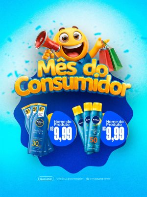 Mês do Consumidor Emoji com Megafone e Sacolas PSD Editável