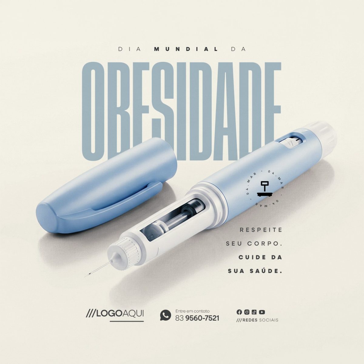 Dia Mundial da Obesidade 04 de Março Respeite Seu Corpo Cuide da Saúde PSD Editável