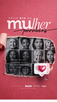 Feliz Dia da Mulher Parabéns Card Social Corações PSD Editável