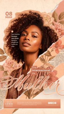 Dia Internacional da Mulher 08 de Março Story Elegância Floral Post PSD Editável