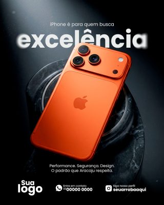 iPhone Excelência Performance Segurança Design Modelo Laranja Vibrante PSD Editável