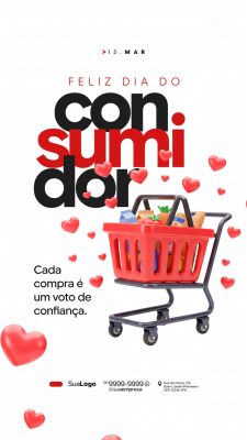 Dia do Consumidor 15 Mar com Carrinho e Corações PSD Editável