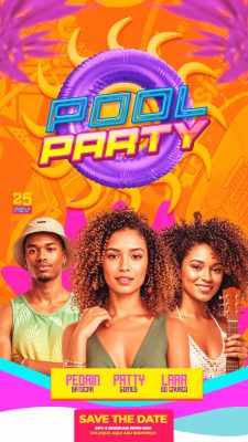 Pool Party Fevereiro 25 Convite Festeiro PSD Editável